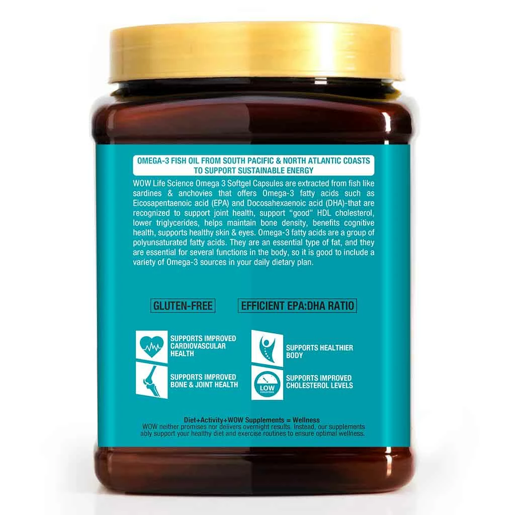 WOW Life Science Omega-3 1500mg Capsules With Fish Oil - EPA 270 + DHA 180 Enriched