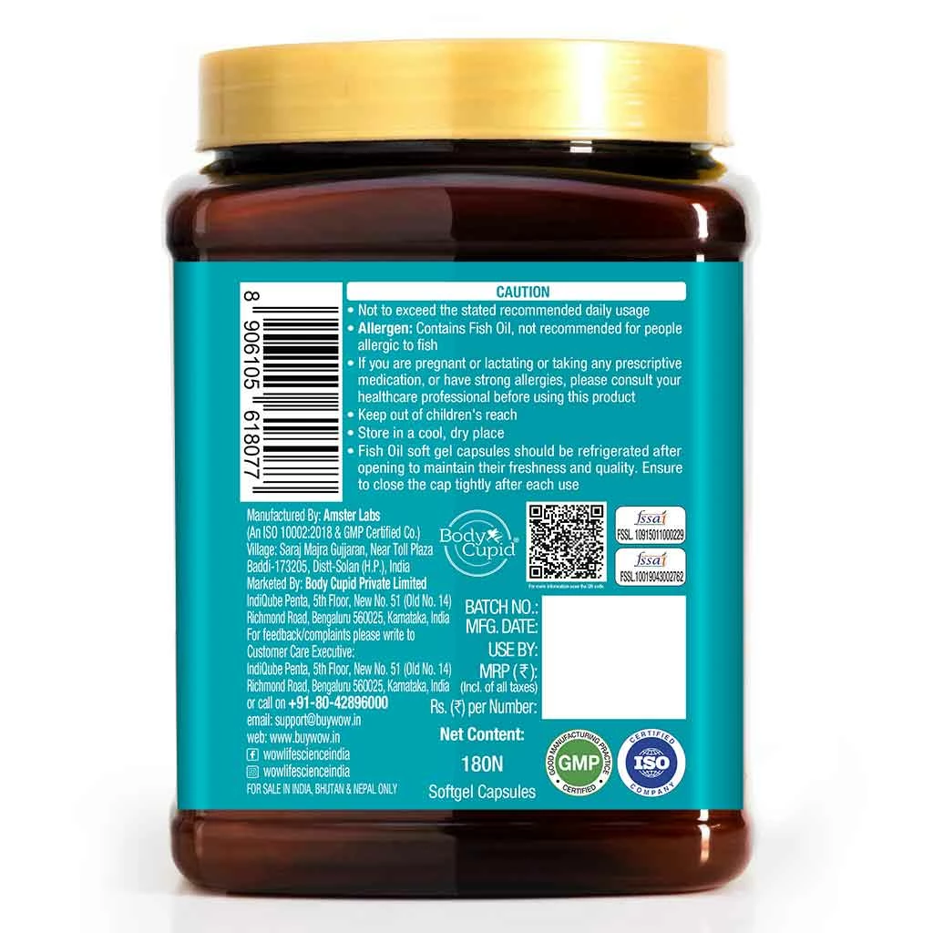 WOW Life Science Omega-3 1500mg Capsules With Fish Oil - EPA 270 + DHA 180 Enriched