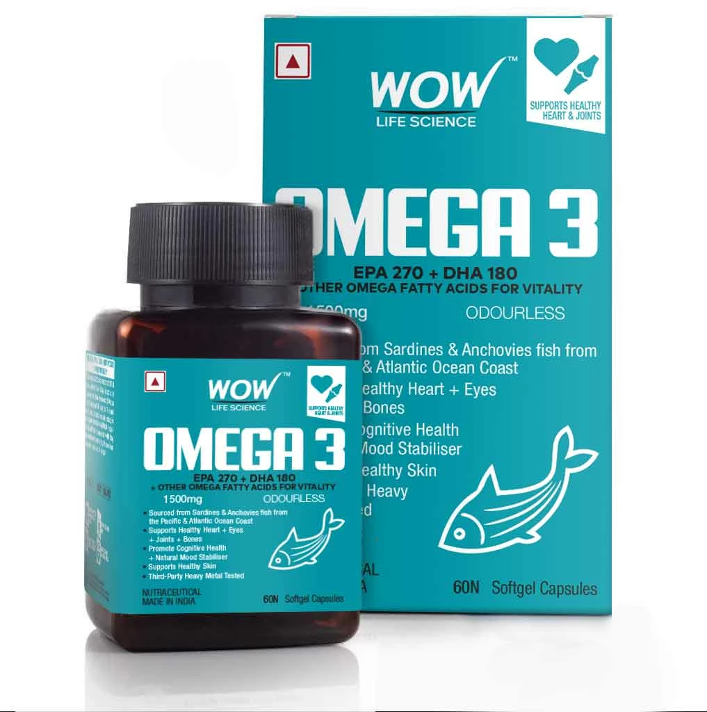 WOW Life Science Omega-3 1500mg Capsules With Fish Oil - EPA 270 + DHA 180 Enriched