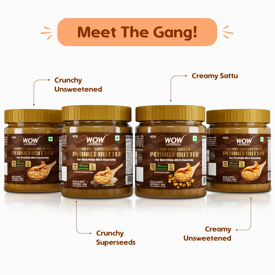 WOW Skin Science Crunchy Unsweetened Peanut Butter - 500 GM
