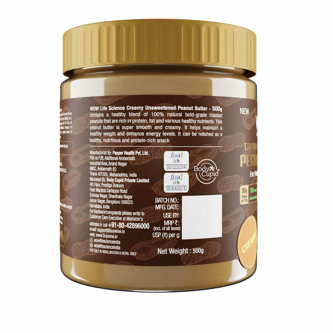 WOW Skin Science Creamy Unsweetened Peanut Butter - 500 Gm Nutrition