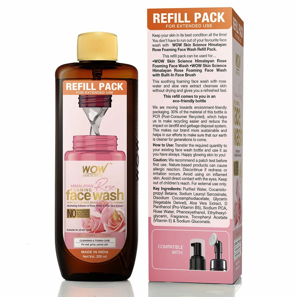 WOW Skin Science Himalayan Rose Foaming Face Wash Refill Pack - With Rose Water & Aloe Vera Extract - For Extended Use - No Parabens, Sulphate, Silicones & Color - 200 Ml