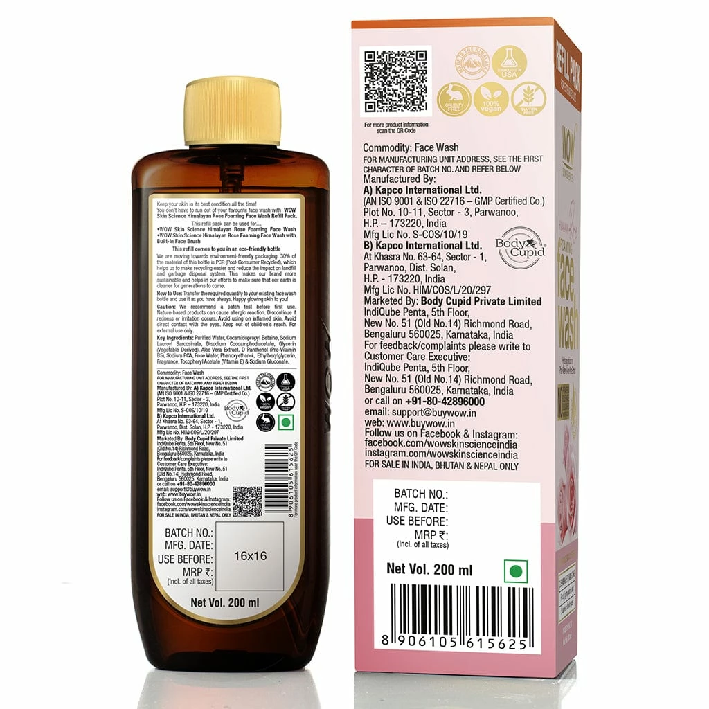 WOW Skin Science Himalayan Rose Foaming Face Wash Refill Pack - With Rose Water & Aloe Vera Extract - For Extended Use - No Parabens, Sulphate, Silicones & Color - 200 Ml