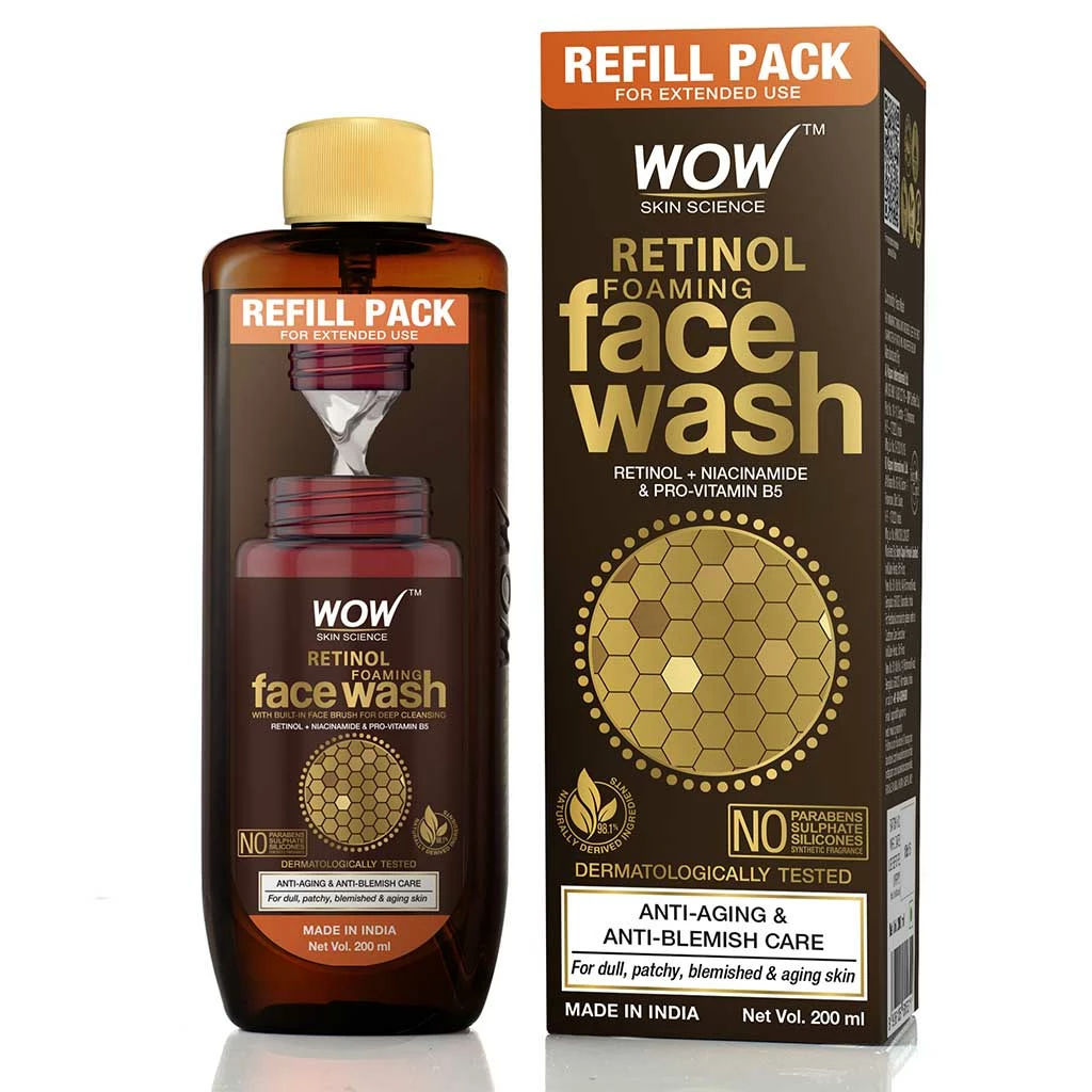 WOW Skin Science Retinol Foaming Face Wash For Fine Lines, Age Spots & Blemishes - Refill Pack For Extended Use - 200ml