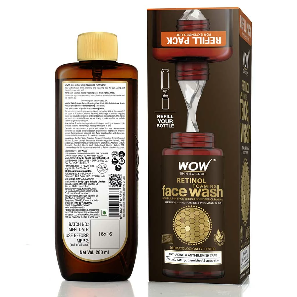 WOW Skin Science Retinol Foaming Face Wash For Fine Lines, Age Spots & Blemishes - Refill Pack For Extended Use - 200ml