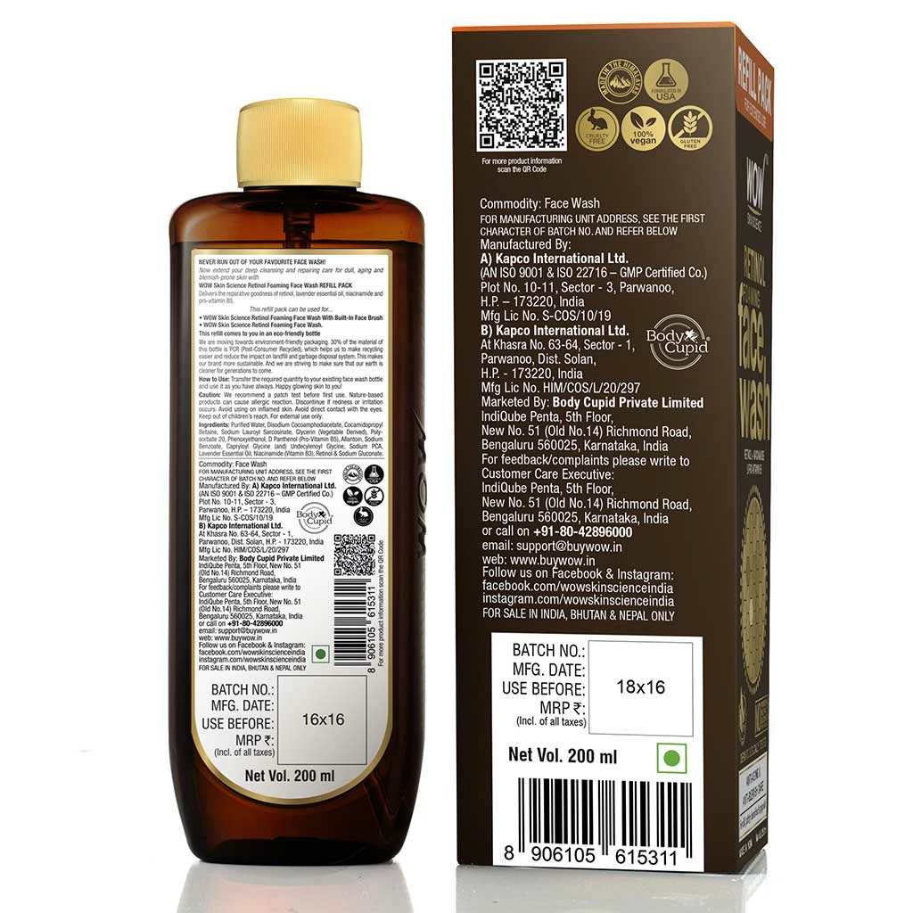 WOW Skin Science Retinol Foaming Face Wash For Fine Lines, Age Spots & Blemishes - Refill Pack For Extended Use - 200ml