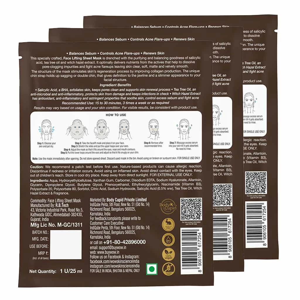 WOW Skin Science Sheet Face Mask Salicylic Acid Natural Fiber Cupra Face Lifting Sheet Mask - Balances Sebum, Controls Acne And Renews Skin