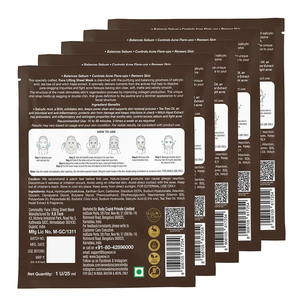 WOW Skin Science Sheet Face Mask Salicylic Acid Natural Fiber Cupra Face Lifting Sheet Mask - Balances Sebum, Controls Acne And Renews Skin