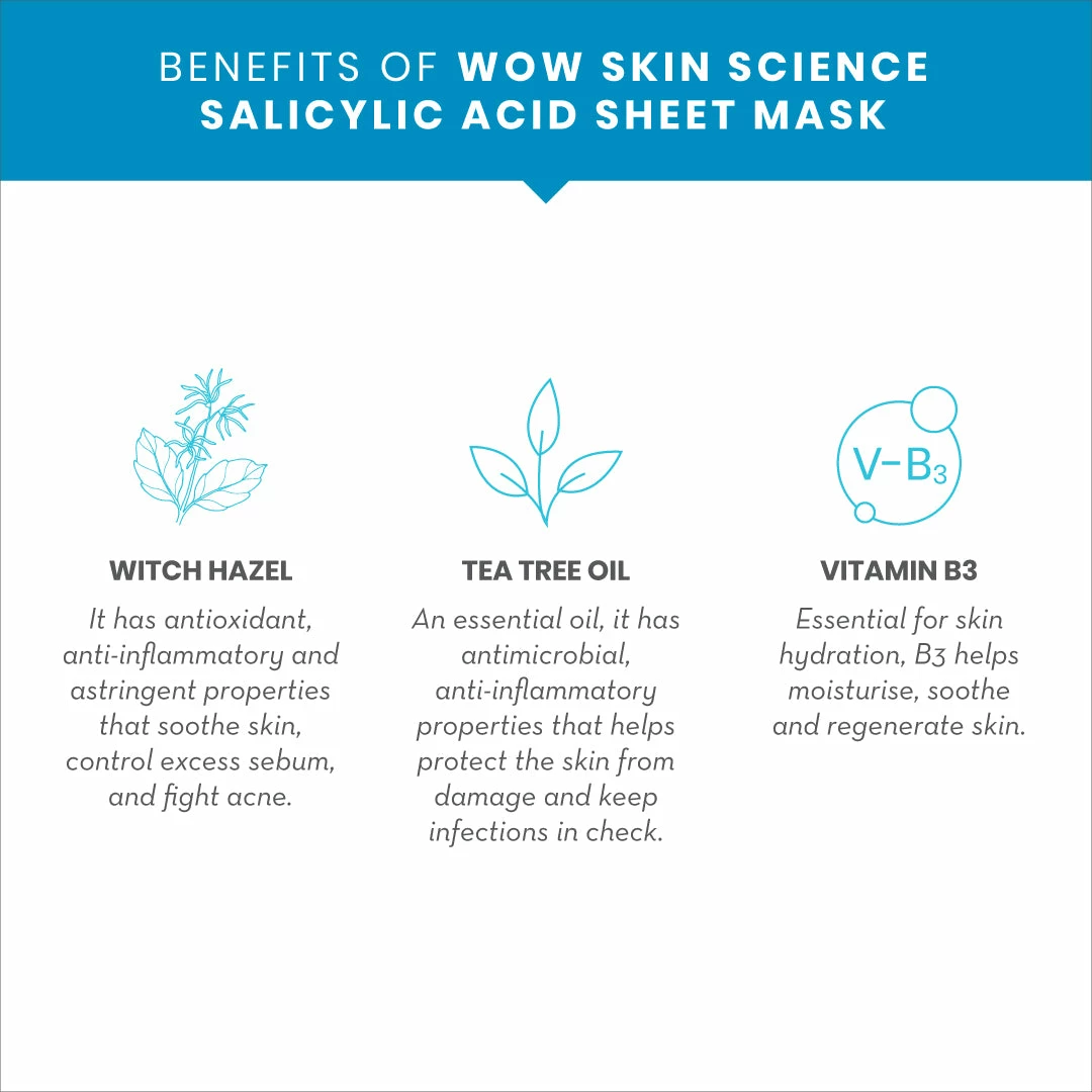 WOW Skin Science Sheet Face Mask Salicylic Acid Natural Fiber Cupra Face Lifting Sheet Mask - Balances Sebum, Controls Acne And Renews Skin