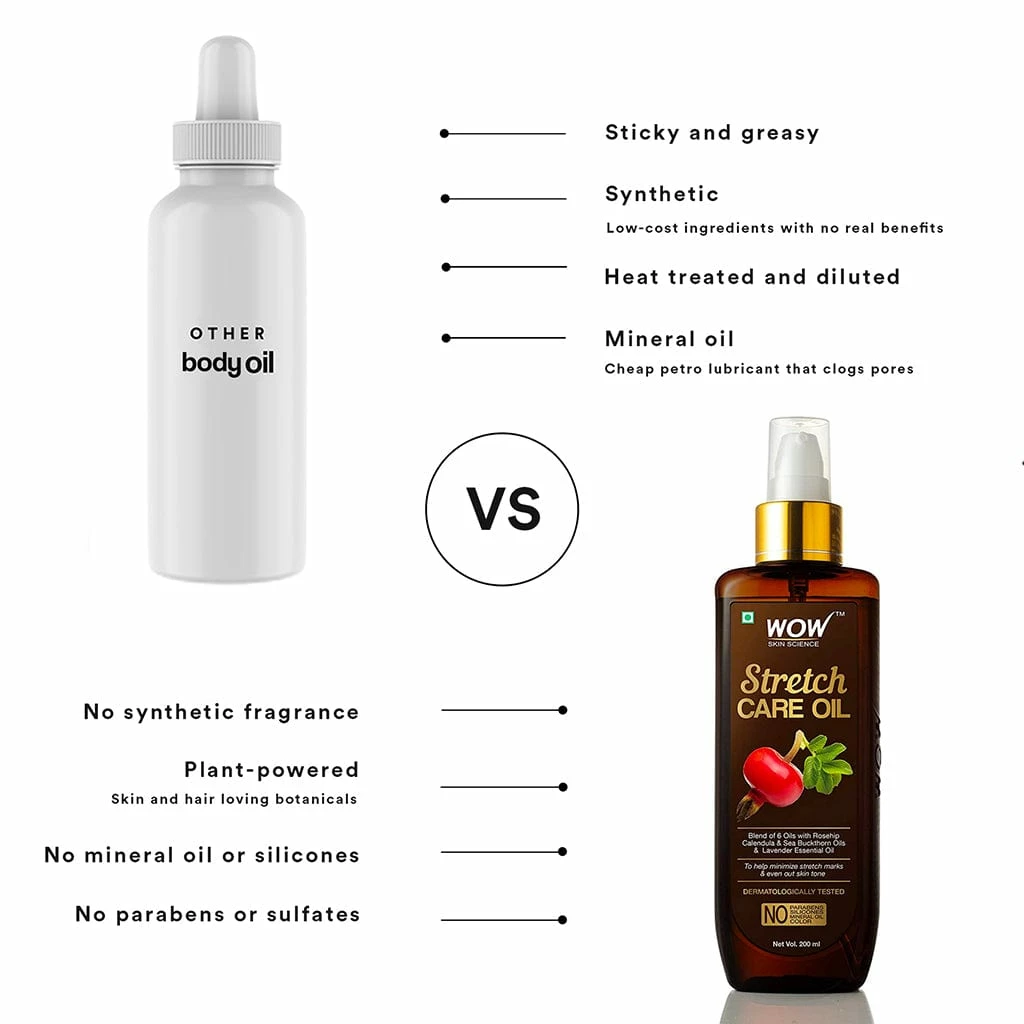WOW Skin Science Stretch Care Oil To Minimize Stretch Marks & Even Out Skin Tone - Blend Of 6 Oils With Rosehip Calendula & Sea Buckthorn Oils - No Parabens, Silicones, Mineral Oil & Color - 200 Ml