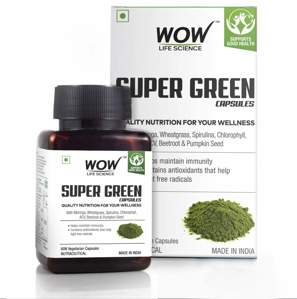 WOW Life Science Super Green Capsules - With Moringa, Wheatgrass, Spirulina, ACV, Beetroot, Chlorophyll & Pumpkin Seed - 550mg - 60 Veg Capsules Nutrition