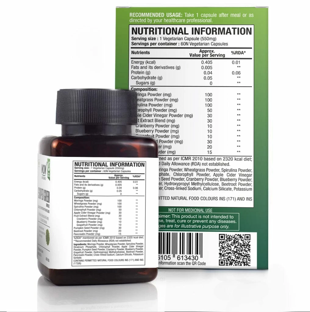 WOW Life Science Super Green Capsules - With Moringa, Wheatgrass, Spirulina, ACV, Beetroot, Chlorophyll & Pumpkin Seed - 550mg - 60 Veg Capsules Nutrition