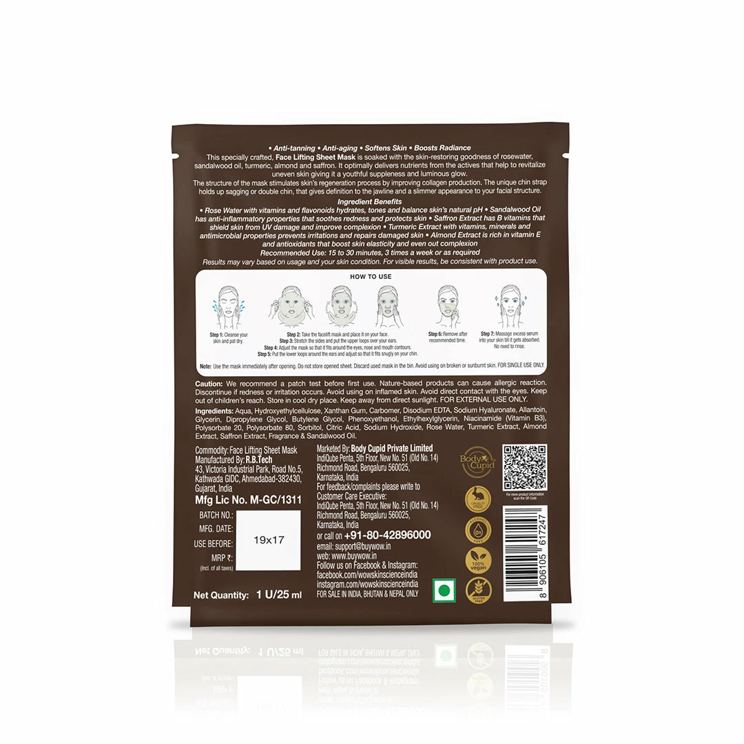 WOW Skin Science Sandalwood Oil, Saffron & Turmeric Extract Infused 2 In 1 Ubtan Face Lifting Sheet Mask - For Tan Removal & Anti-Aging
