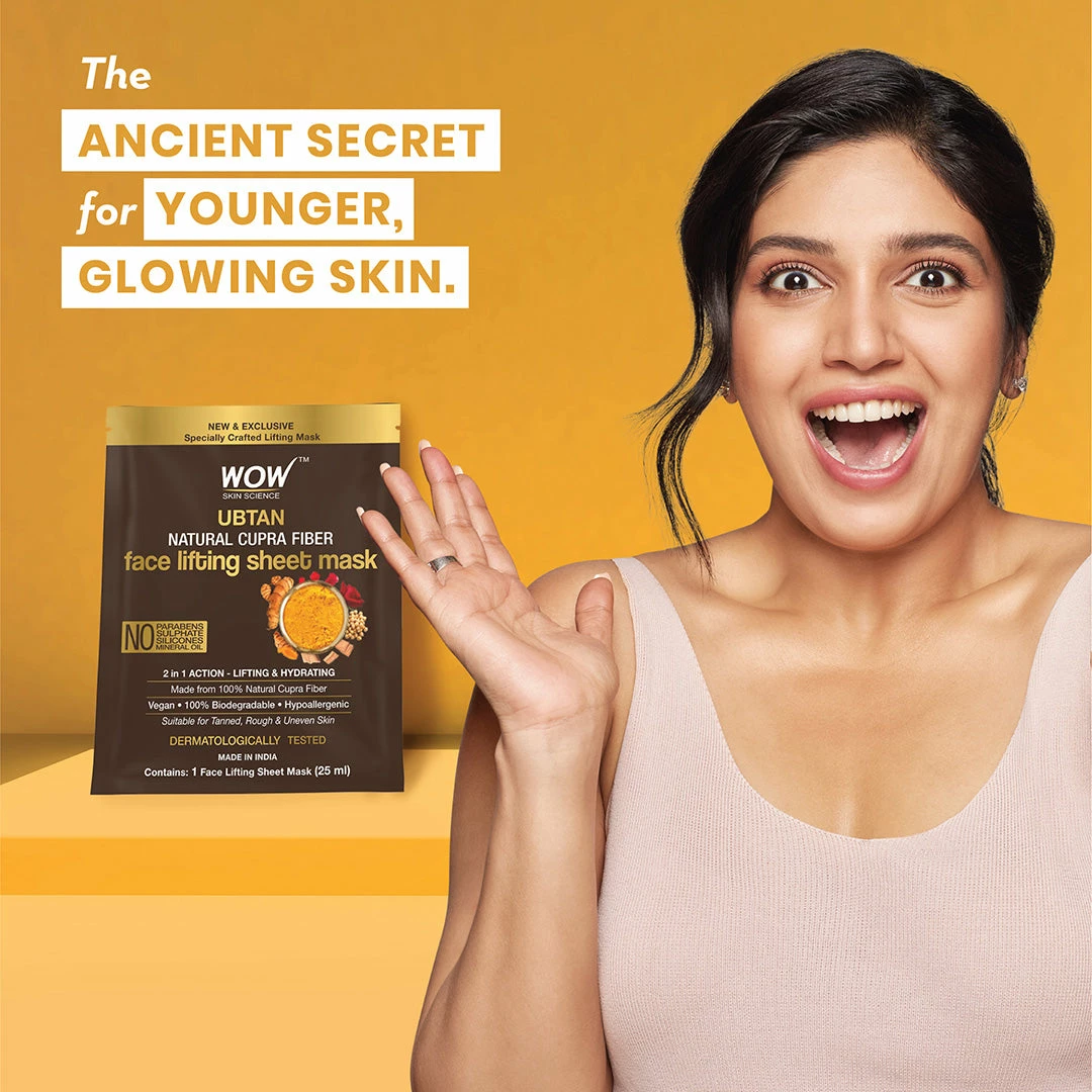 WOW Skin Science Sandalwood Oil, Saffron & Turmeric Extract Infused 2 In 1 Ubtan Face Lifting Sheet Mask - For Tan Removal & Anti-Aging