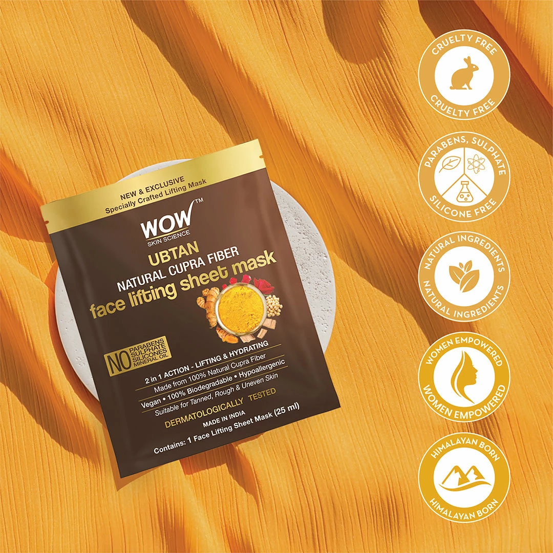 WOW Skin Science Sandalwood Oil, Saffron & Turmeric Extract Infused 2 In 1 Ubtan Face Lifting Sheet Mask - For Tan Removal & Anti-Aging