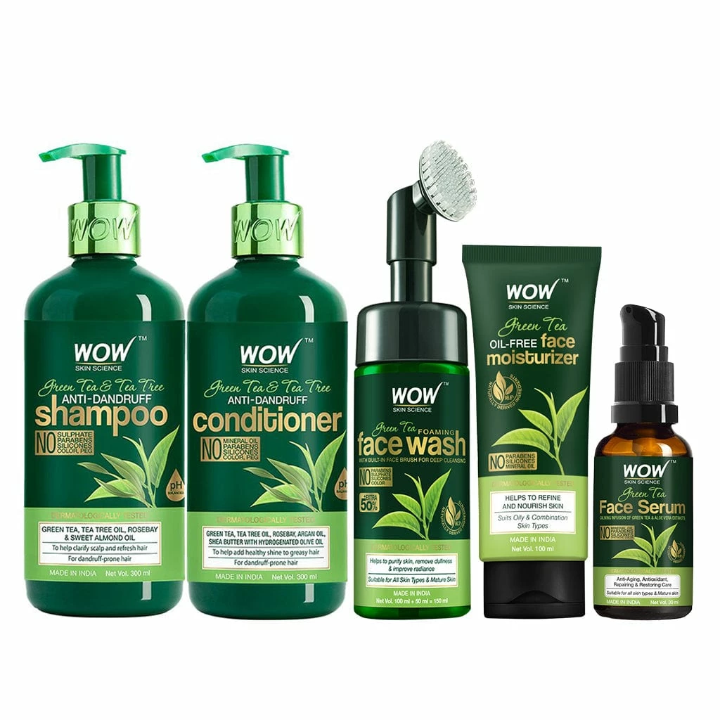 WOW Skin Science Green Tea & Tea Tree Anti Dandruff Ultimate Combo 5 Kit - Net Vol - 880 Ml Ingredients