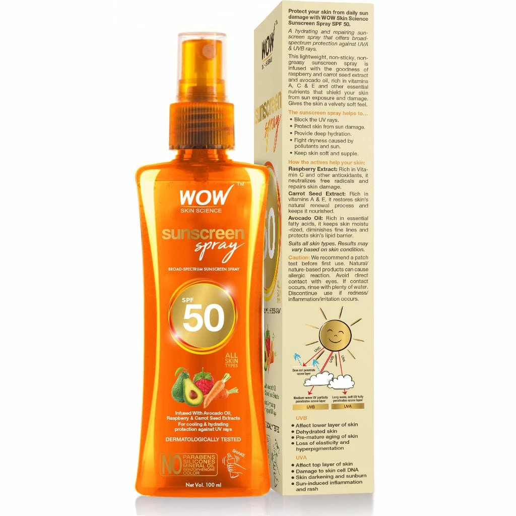 WOW Skin Science UV Water Transparent Sunscreen Spray SPF 50 - Quick Absorbing,Oil Free,Non Sticky-with Raspberry & Carrot Seed Extract - 100 Ml