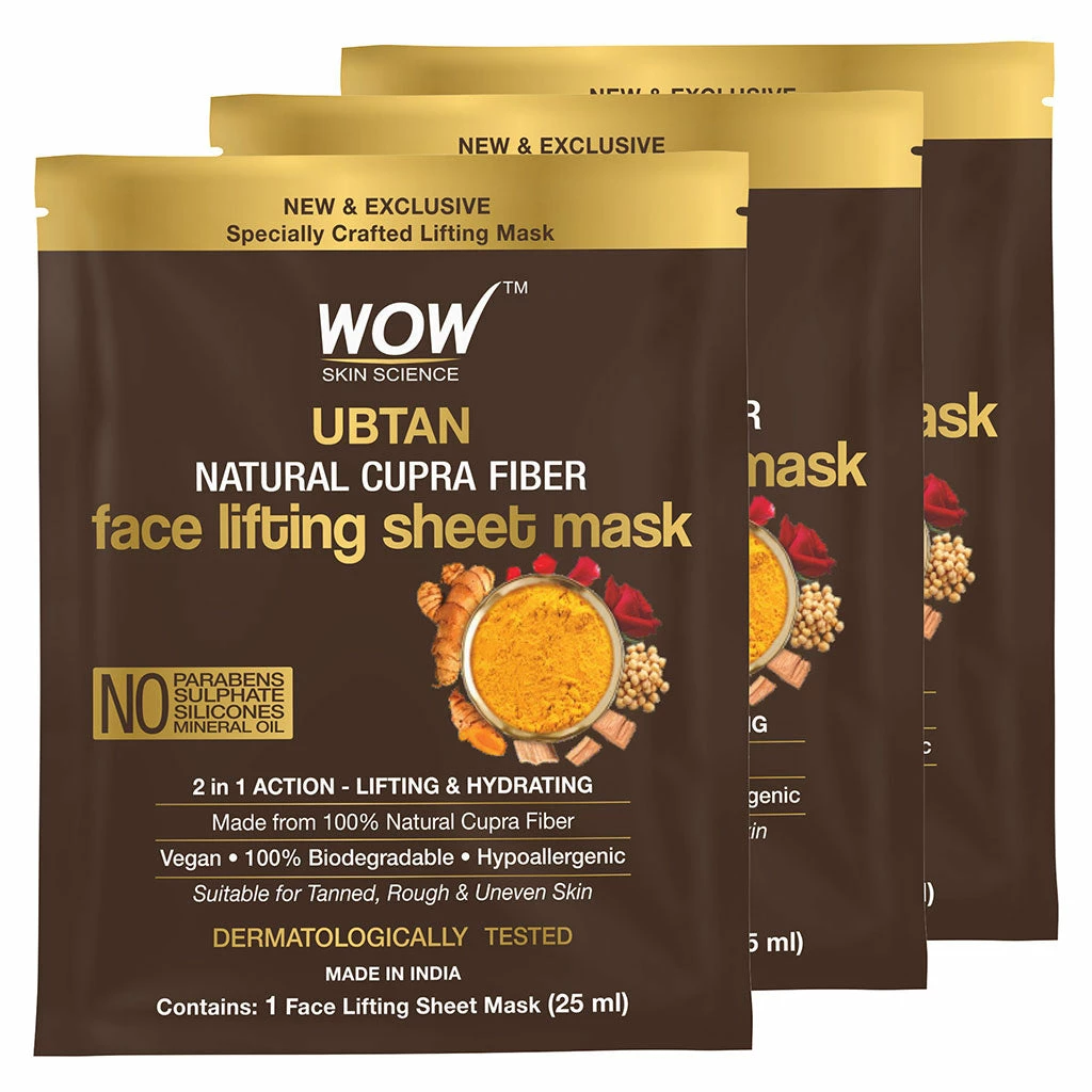 WOW Skin Science Sandalwood Oil, Saffron & Turmeric Extract Infused 2 In 1 Ubtan Face Lifting Sheet Mask - For Tan Removal & Anti-Aging