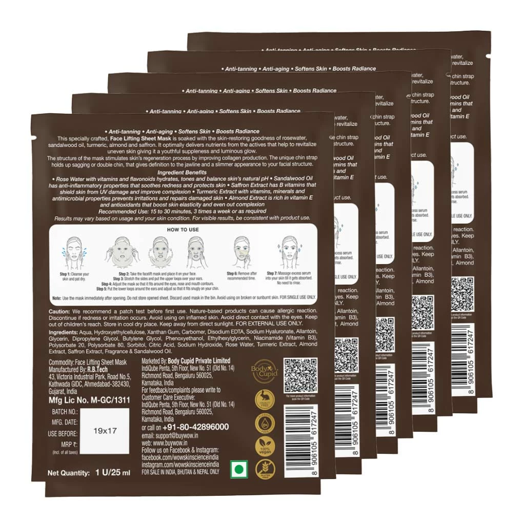 WOW Skin Science Sandalwood Oil, Saffron & Turmeric Extract Infused 2 In 1 Ubtan Face Lifting Sheet Mask - For Tan Removal & Anti-Aging