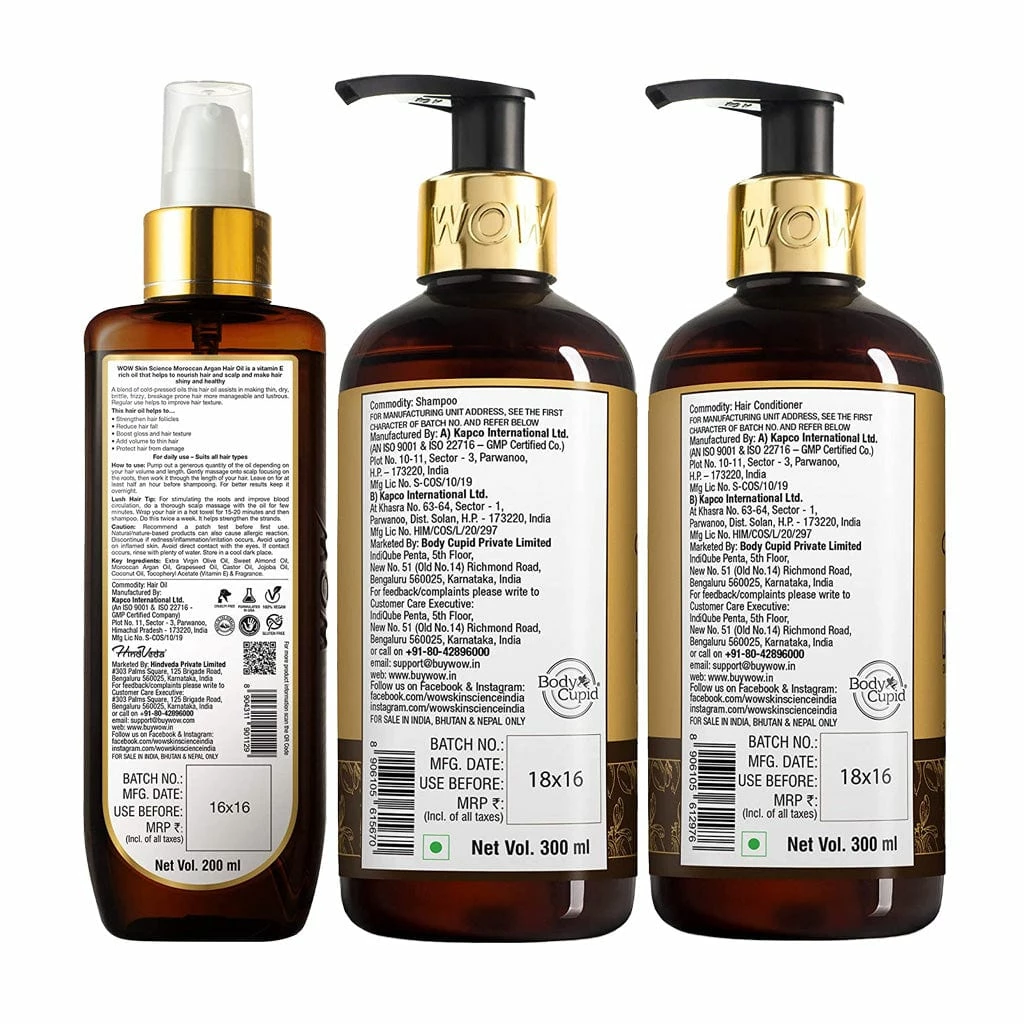 WOW Skin Science Ultimate Moroccan Argan Oil Hair Kit - Shampoo - Conditioner - Hair Oil Ingredients
