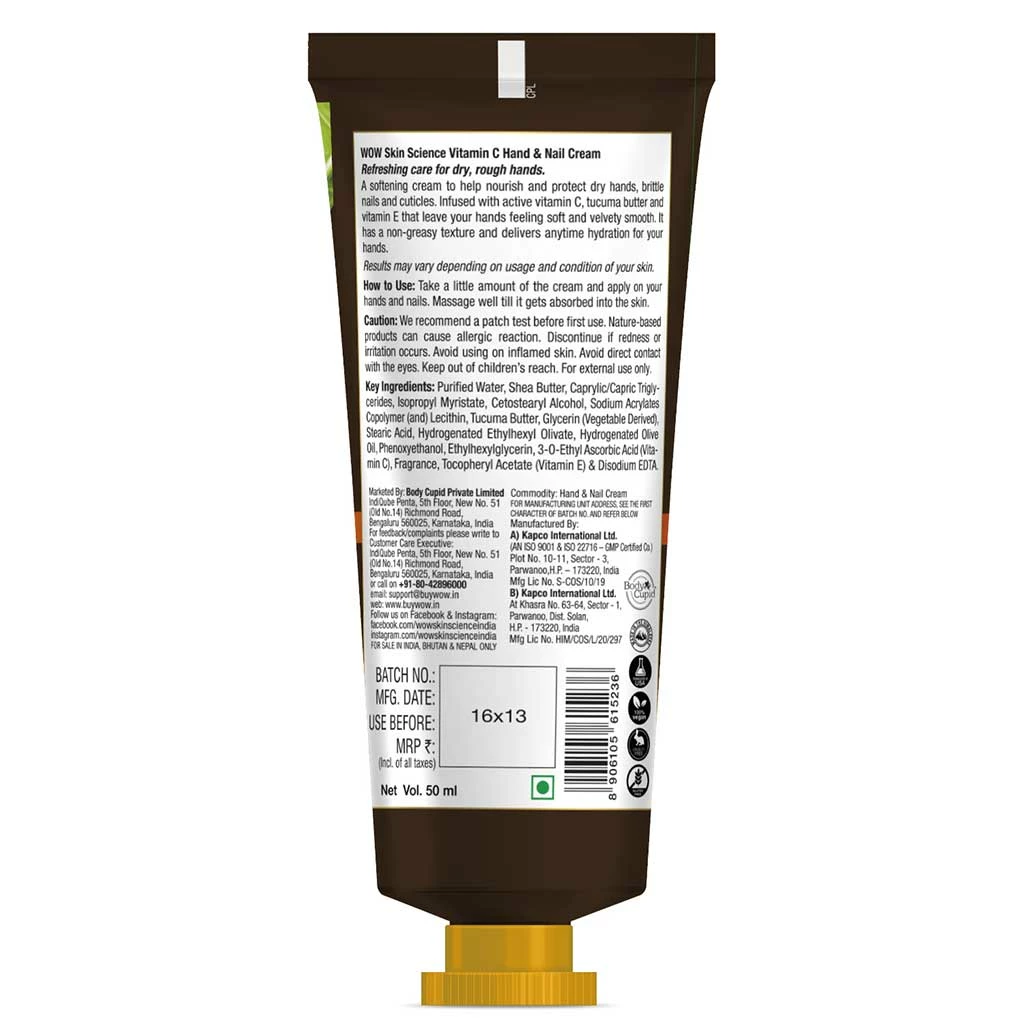 WOW Skin Science Vitamin C Hand & Nail Cream - Moisturizing & Refreshing - Lightweight & Non-Greasy - Quick Absorb - For All Skin Types