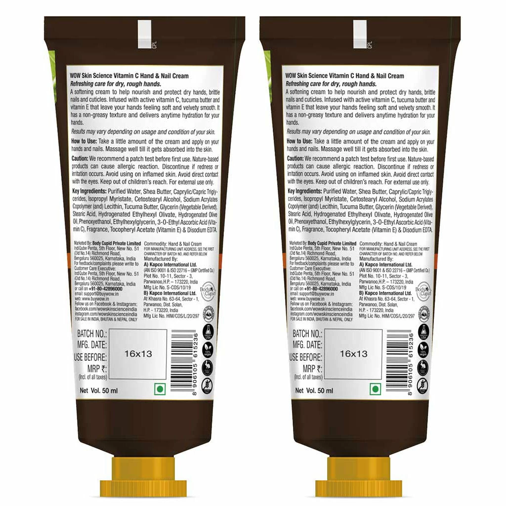 WOW Skin Science Vitamin C Hand & Nail Cream - Moisturizing & Refreshing - Lightweight & Non-Greasy - Quick Absorb - For All Skin Types