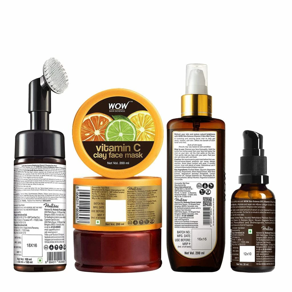 WOW Skin Science Vitamin C Face Wash With Brush + Vitamin C Clay Mask + Vitamin C Toner + Vitamin C Serum - Get That Glow Kit With Vitamin C, Lemon, Orange, Jojoba Oils, Ferulic Acid, And Aloe Vera Extracts