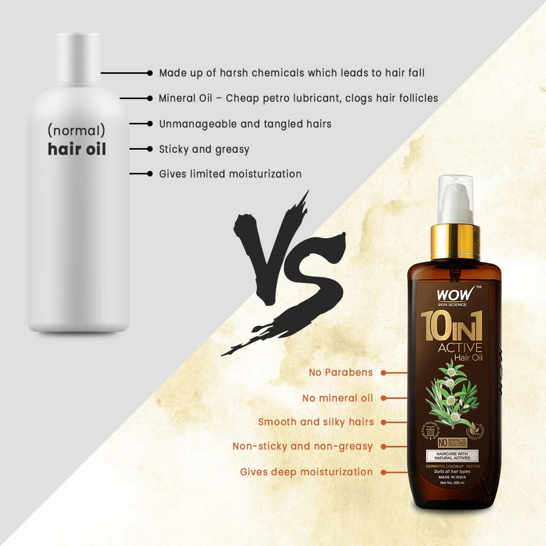 WOW Skin Science 10 In 1 Active Hair Oil - No Mineral Oil, Silicones & Synthetic Fragrance