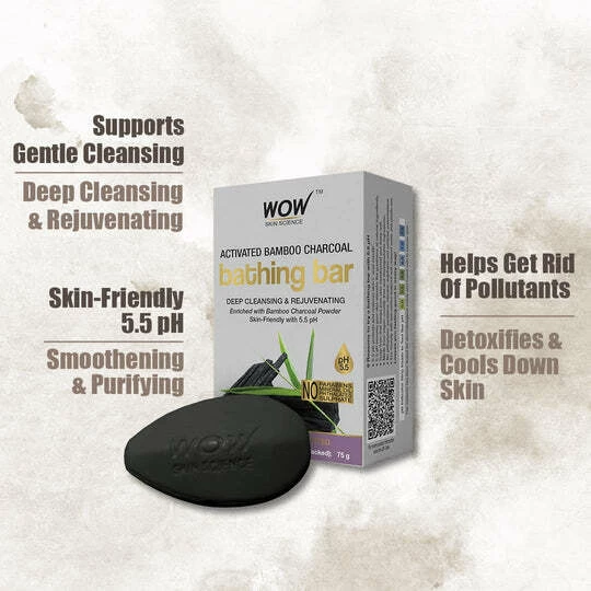 WOW Skin Science Activated Bamboo Charcoal Bathing Bar - With Bamboo Charcoal Powder - Pack Of 3