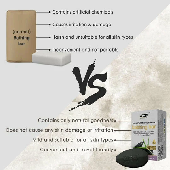 WOW Skin Science Activated Bamboo Charcoal Bathing Bar - With Bamboo Charcoal Powder - Pack Of 3