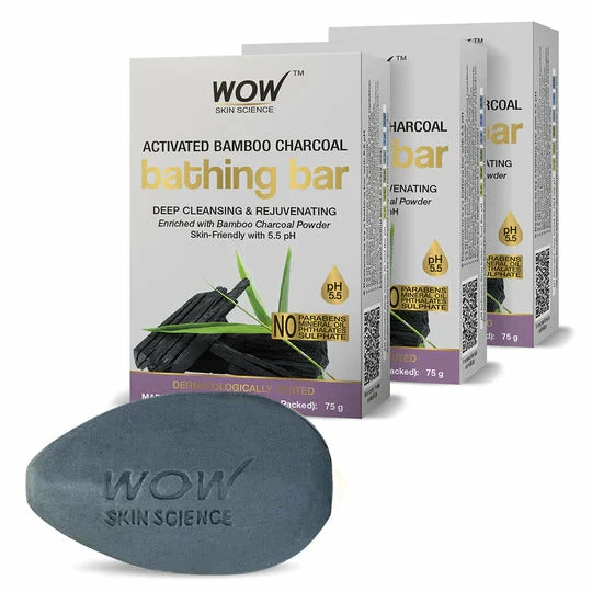 WOW Skin Science Activated Bamboo Charcoal Bathing Bar - With Bamboo Charcoal Powder - Pack Of 3