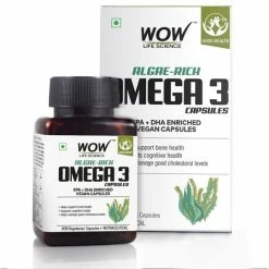 WOW Life Science Nutrition Algae-Rich Omega 3 Capsules For Bone Health, Cholesterol Levels & Heart Health - 60 Vegetarian Capsules
