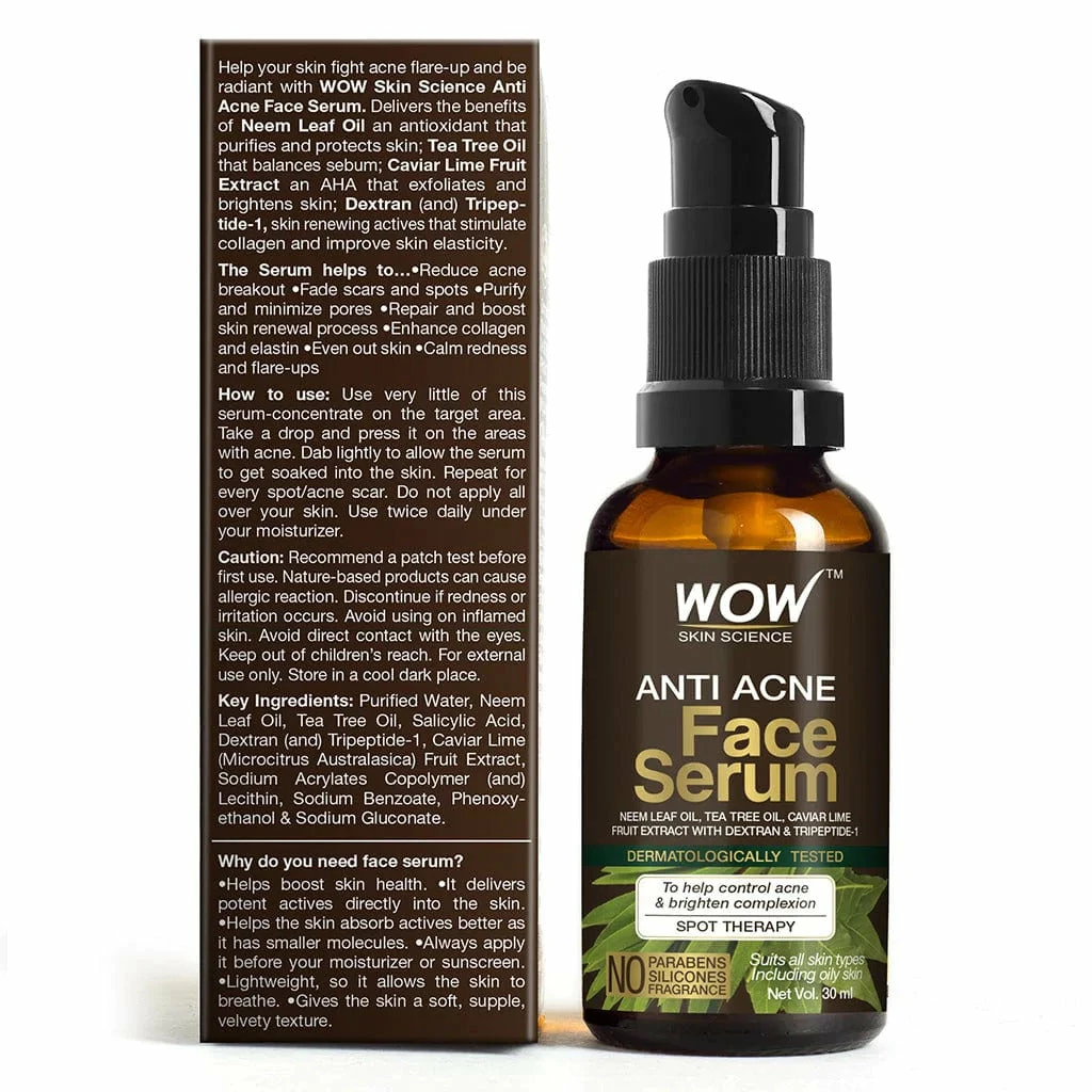 WOW Skin Science Anti Acne Face Serum - Natural Neem Leaf Oil, Tea Tree Oil, Caviar Lime Fruit Extract - Spot Therapy - No Parabens, Silicones & Fragrance - 30 Ml