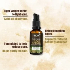 WOW Skin Science Anti Acne Face Serum - Natural Neem Leaf Oil, Tea Tree Oil, Caviar Lime Fruit Extract - Spot Therapy - No Parabens, Silicones & Fragrance - 30 Ml