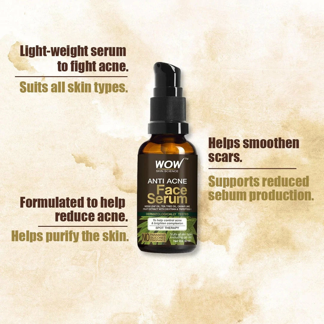 WOW Skin Science Anti Acne Face Serum - Natural Neem Leaf Oil, Tea Tree Oil, Caviar Lime Fruit Extract - Spot Therapy - No Parabens, Silicones & Fragrance - 30 Ml