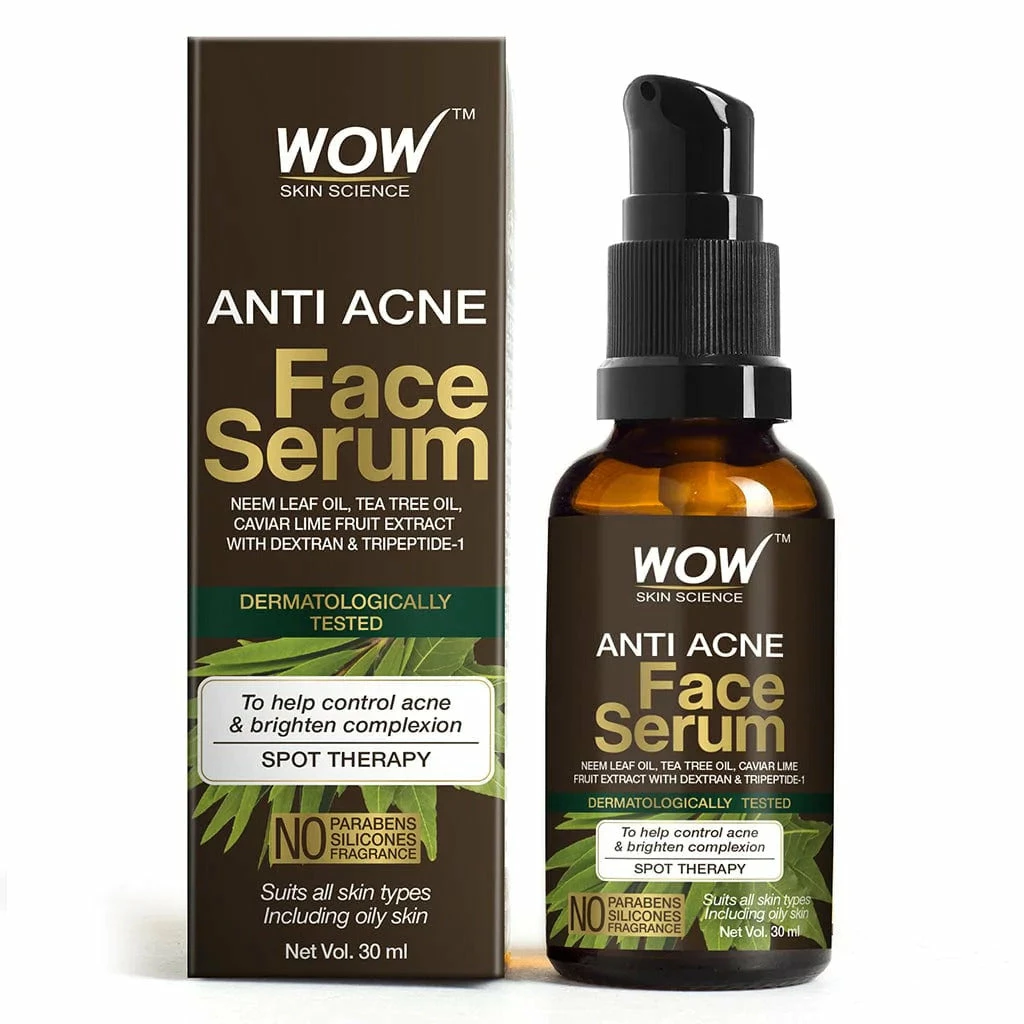 WOW Skin Science Anti Acne Face Serum - Natural Neem Leaf Oil, Tea Tree Oil, Caviar Lime Fruit Extract - Spot Therapy - No Parabens, Silicones & Fragrance - 30 Ml