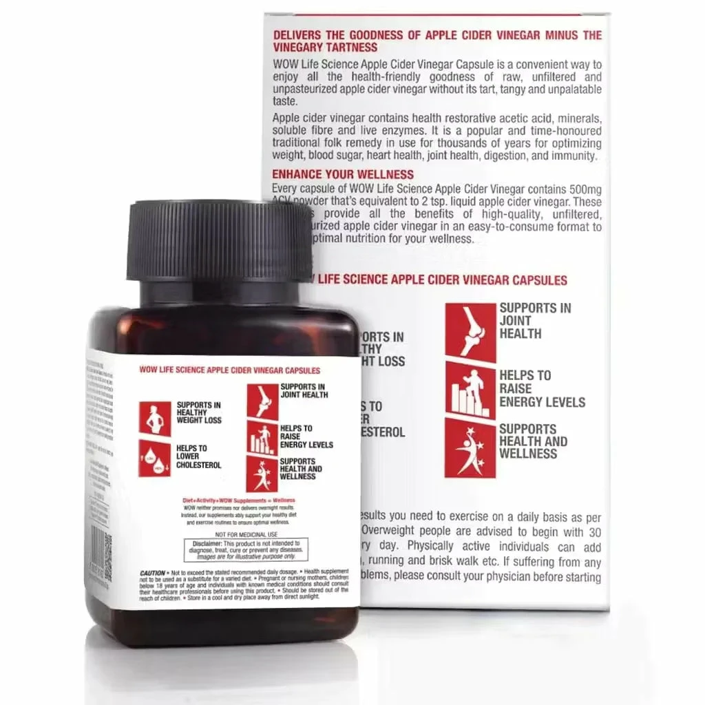 WOW Life Science Apple Cider Vinegar Capsules 500 Mg - 60 Capsules Nutrition