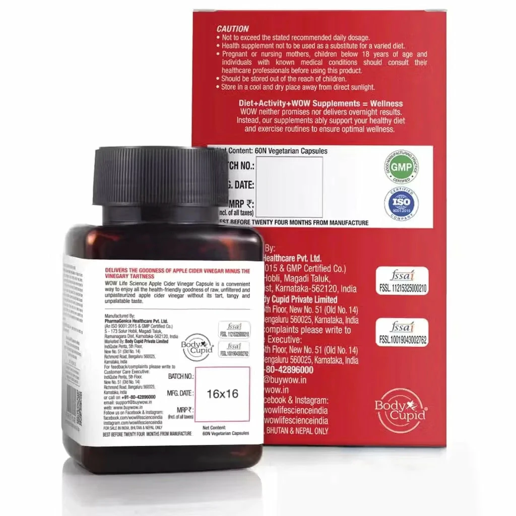 WOW Life Science Apple Cider Vinegar Capsules 500 Mg - 60 Capsules Nutrition
