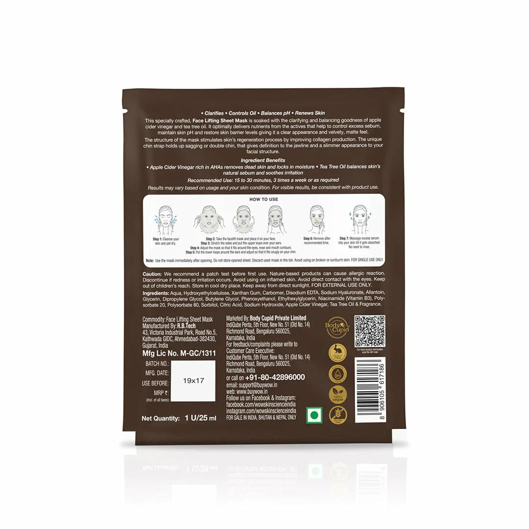 WOW Skin Science Apple Cider Vinegar 2 In 1 Face Lifting Sheet Mask - Controls Oil And Balances PH Level