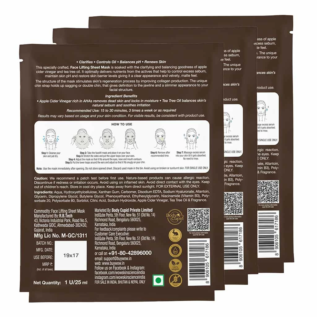 WOW Skin Science Apple Cider Vinegar 2 In 1 Face Lifting Sheet Mask - Controls Oil And Balances PH Level