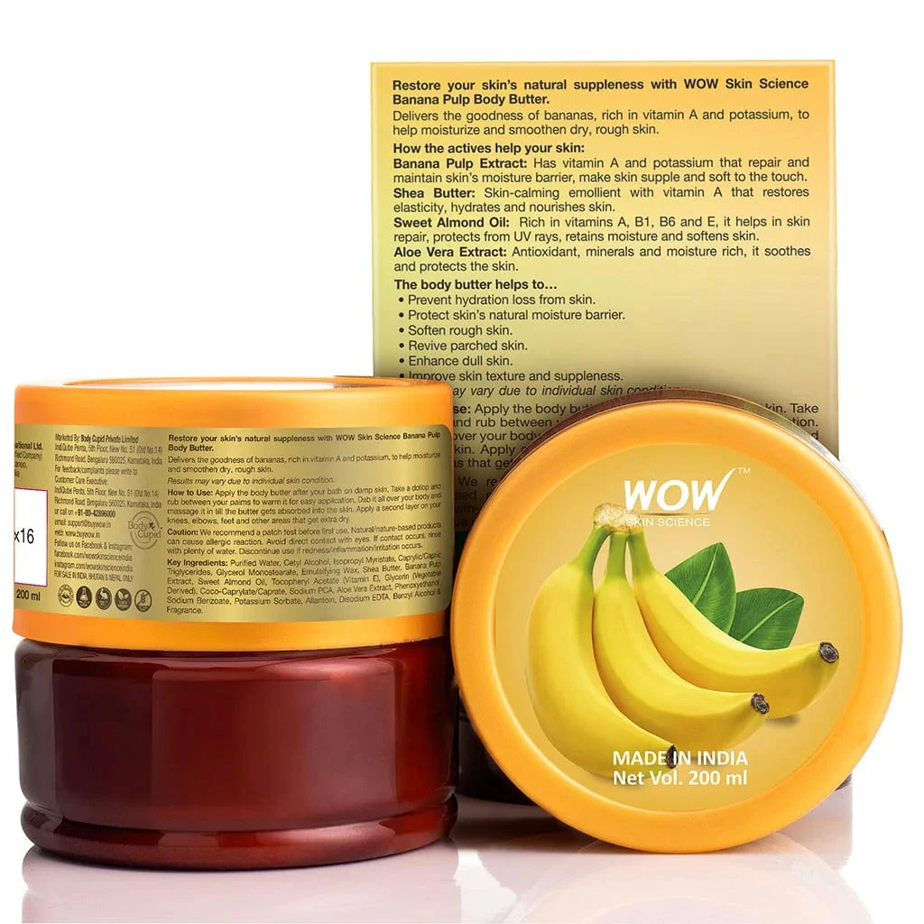 WOW Skin Science Bath & Body Banana Pulp Body Butter - No Parabens, Silicones, Mineral Oil & Color - 200 Ml