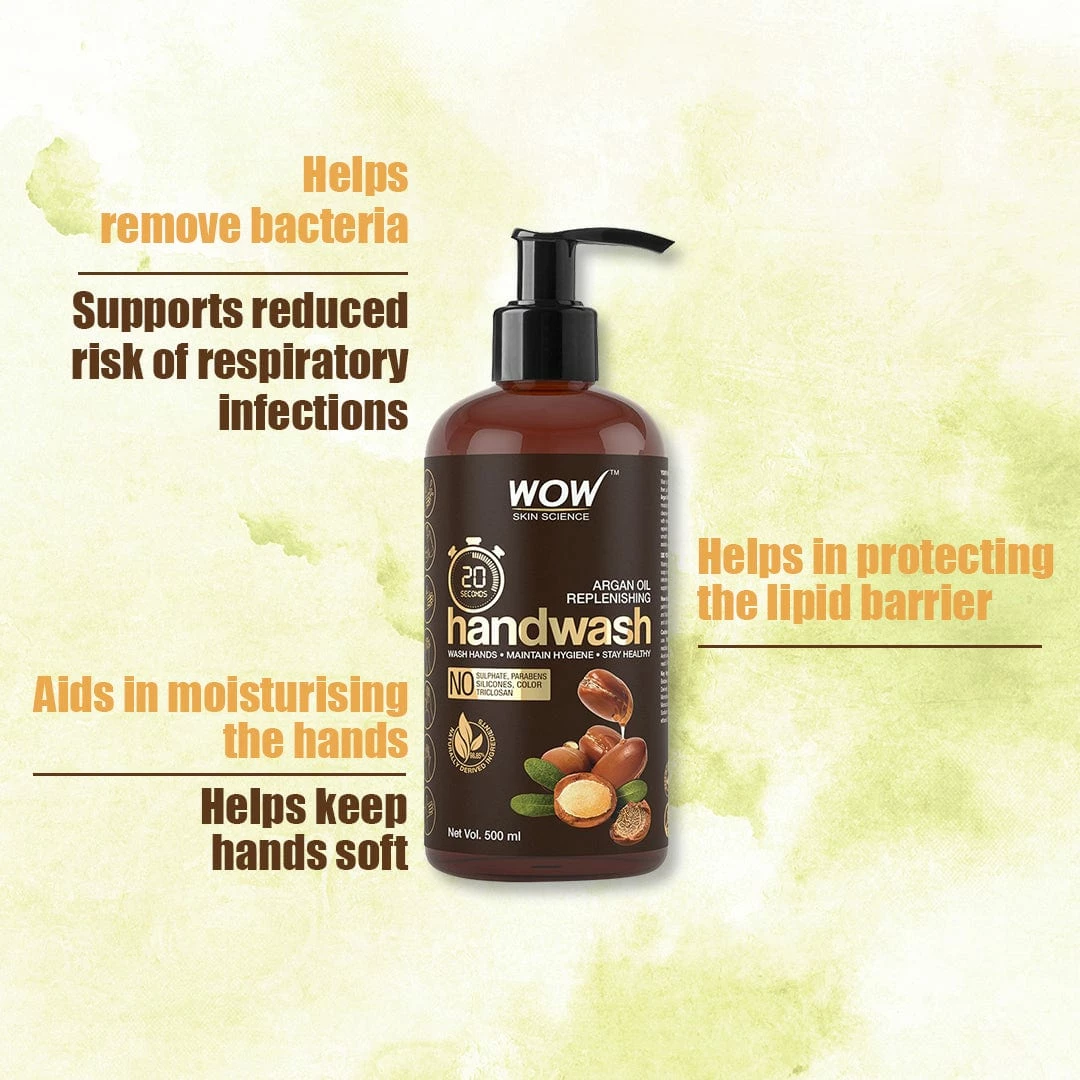 WOW Skin Science Argan Oil Replenishing Handwash - 20 Seconds - No Sulphate, Parabens, Silicones, Color & Triclosan - 500 Ml Bath & Body