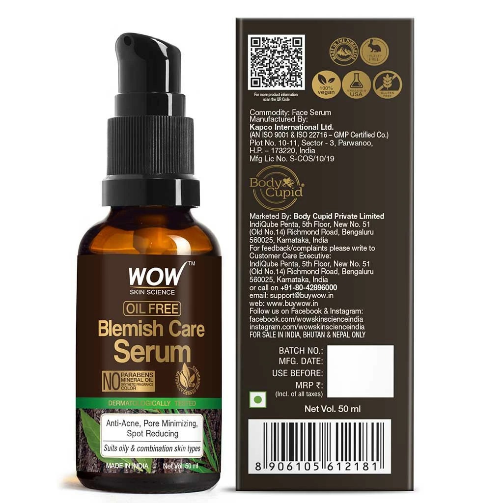 WOW Skin Science Blemish Care Serum - OIL FREE - Anti Acne, Spot Reducing - No Parabens, Silicones, Synthetic Fragrance & Color - 50 Ml
