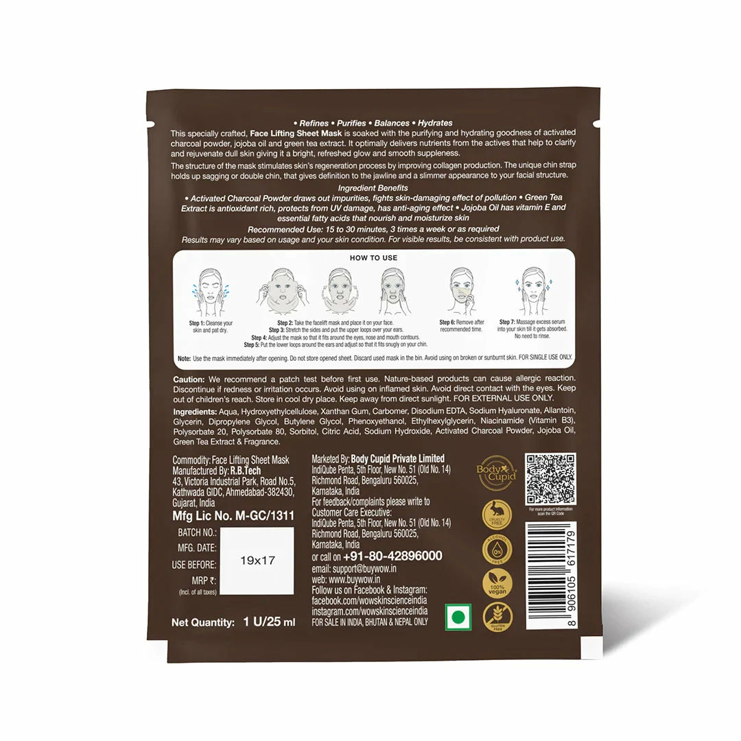 Wow Skin Science Activated Charcoal Face Lifting Sheet Mask - For Skin Purification And Skin Hydration