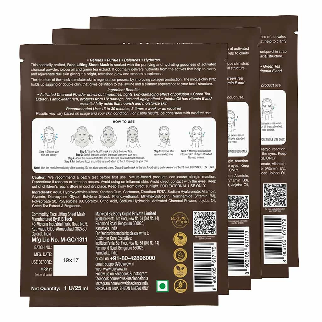 Wow Skin Science Activated Charcoal Face Lifting Sheet Mask - For Skin Purification And Skin Hydration