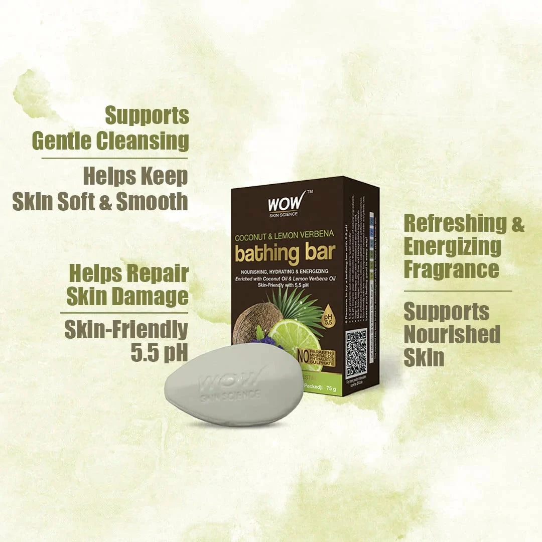 WOW Skin Science Coconut & Lemon Verbena Bathing Bar - With Coconut Oil & Lemon Verbena Oil - Pack Of 3