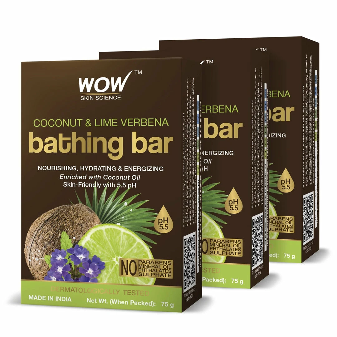 WOW Skin Science Coconut & Lemon Verbena Bathing Bar - With Coconut Oil & Lemon Verbena Oil - Pack Of 3