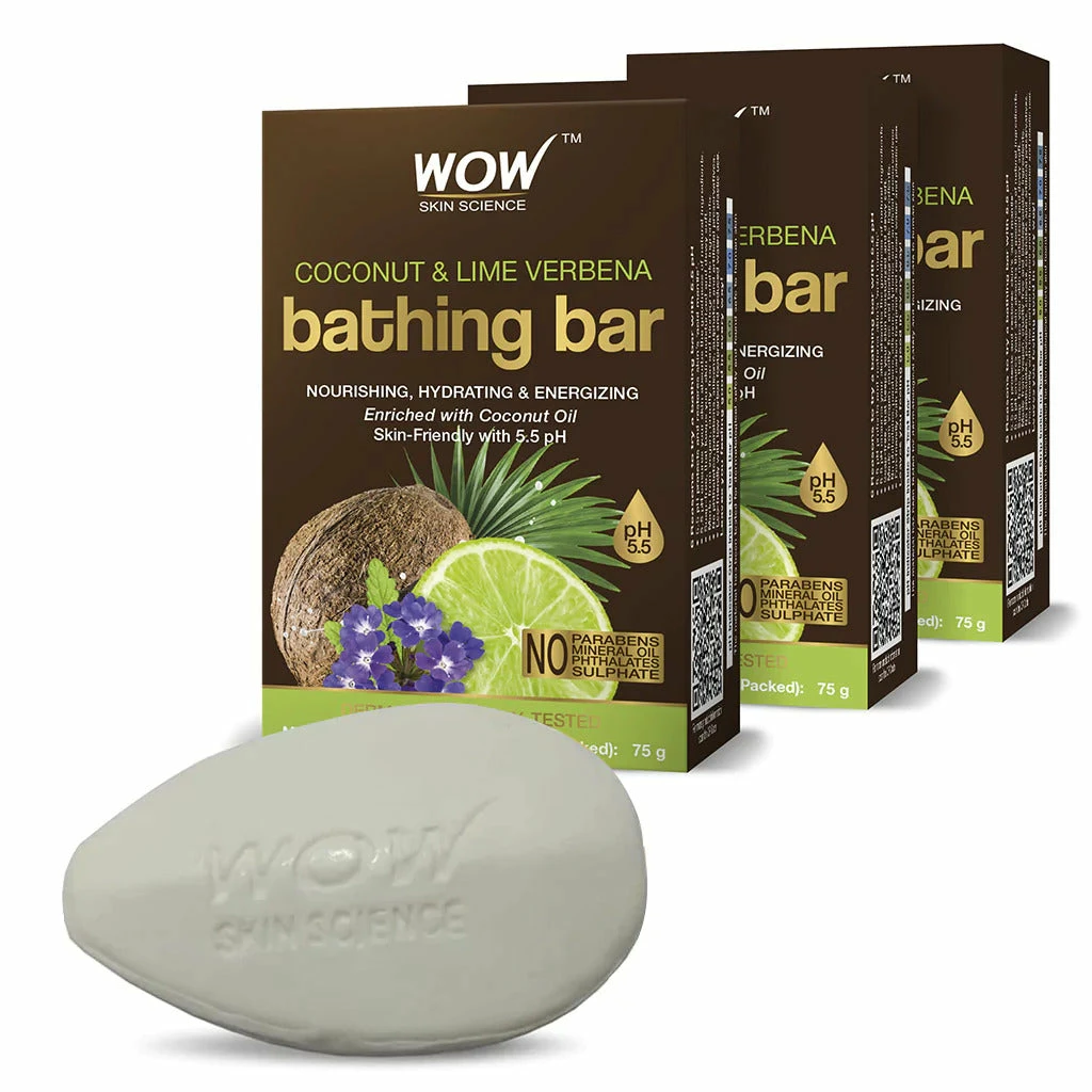 WOW Skin Science Coconut & Lemon Verbena Bathing Bar - With Coconut Oil & Lemon Verbena Oil - Pack Of 3