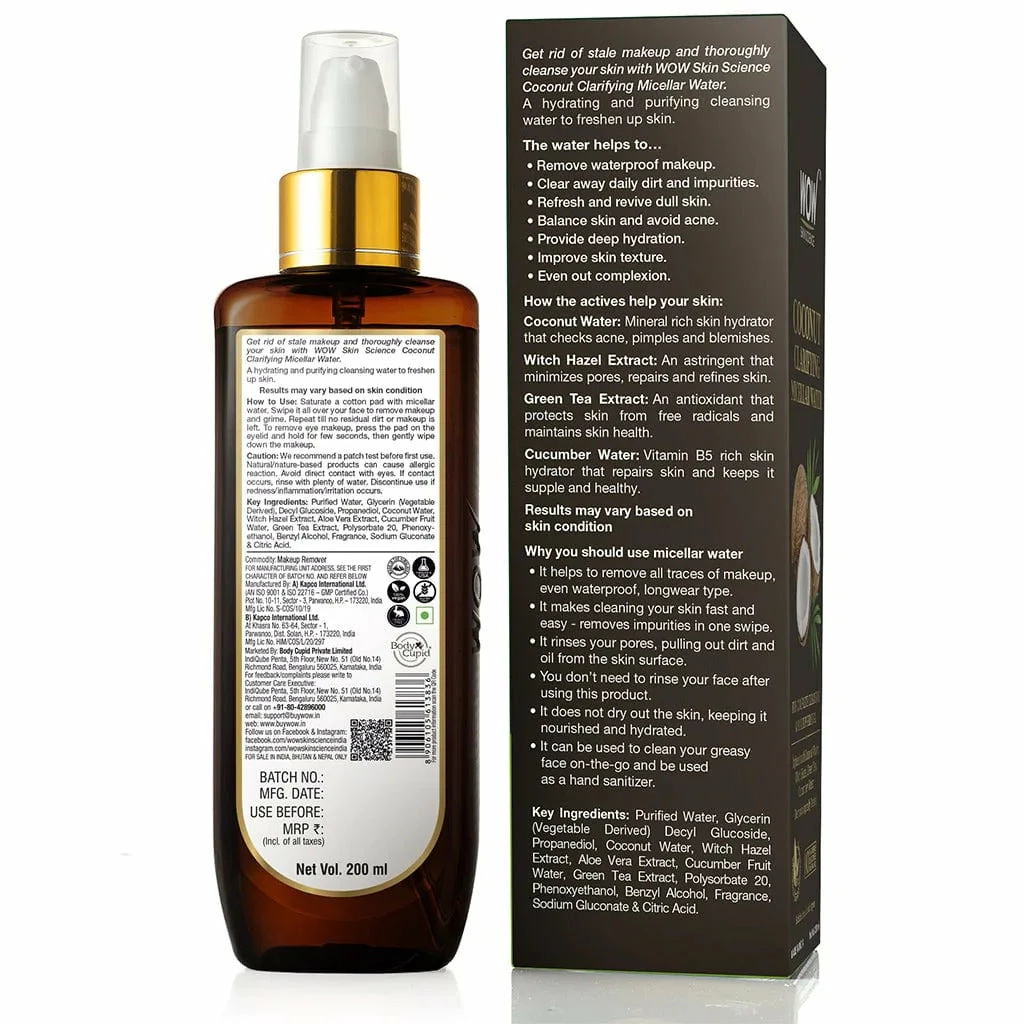 WOW Skin Science Coconut Clarifying Micellar Water For Complete Cleansing & Makeup Removal - For All Skin Types - No Parabens, Silicones & Mineral Oil