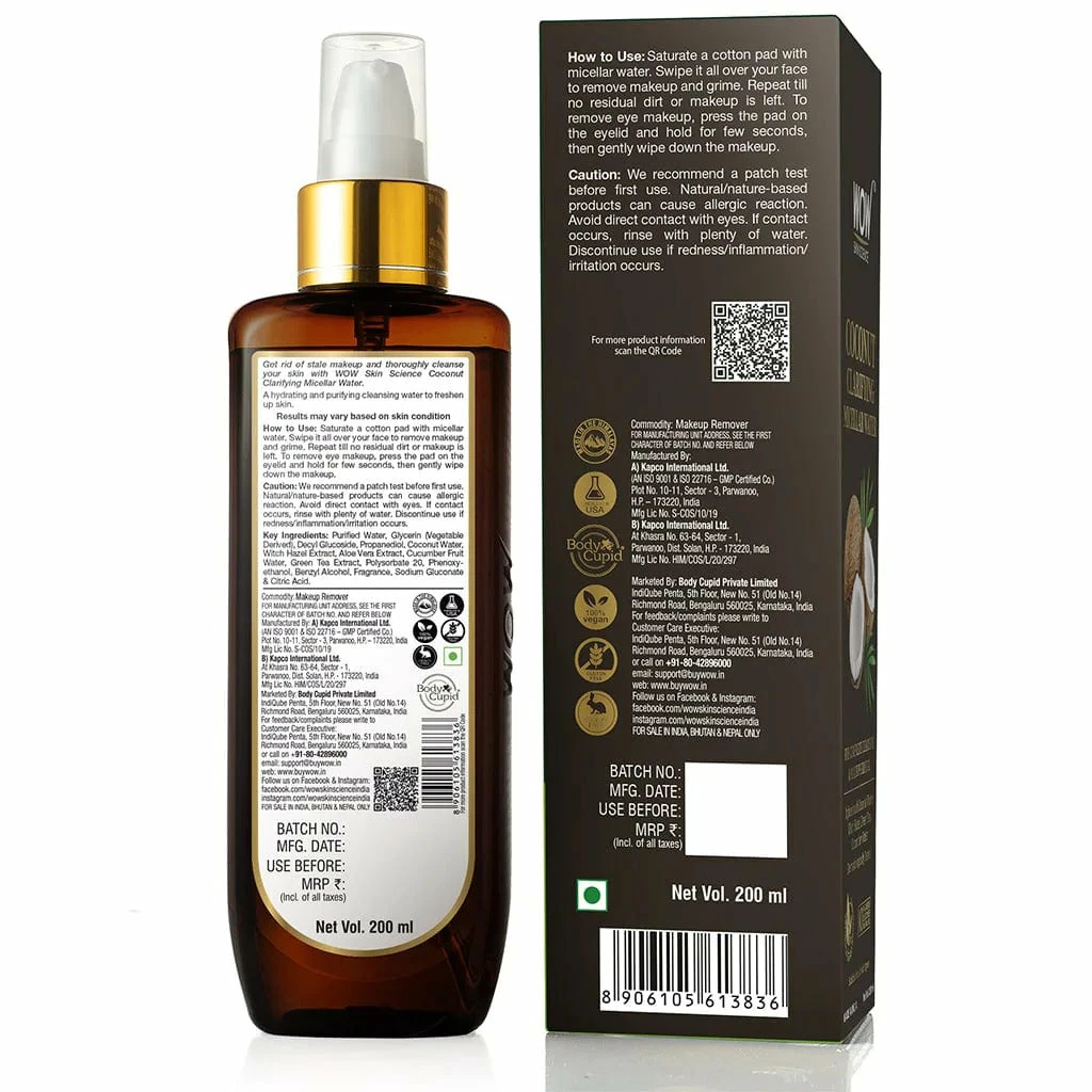 WOW Skin Science Coconut Clarifying Micellar Water For Complete Cleansing & Makeup Removal - For All Skin Types - No Parabens, Silicones & Mineral Oil